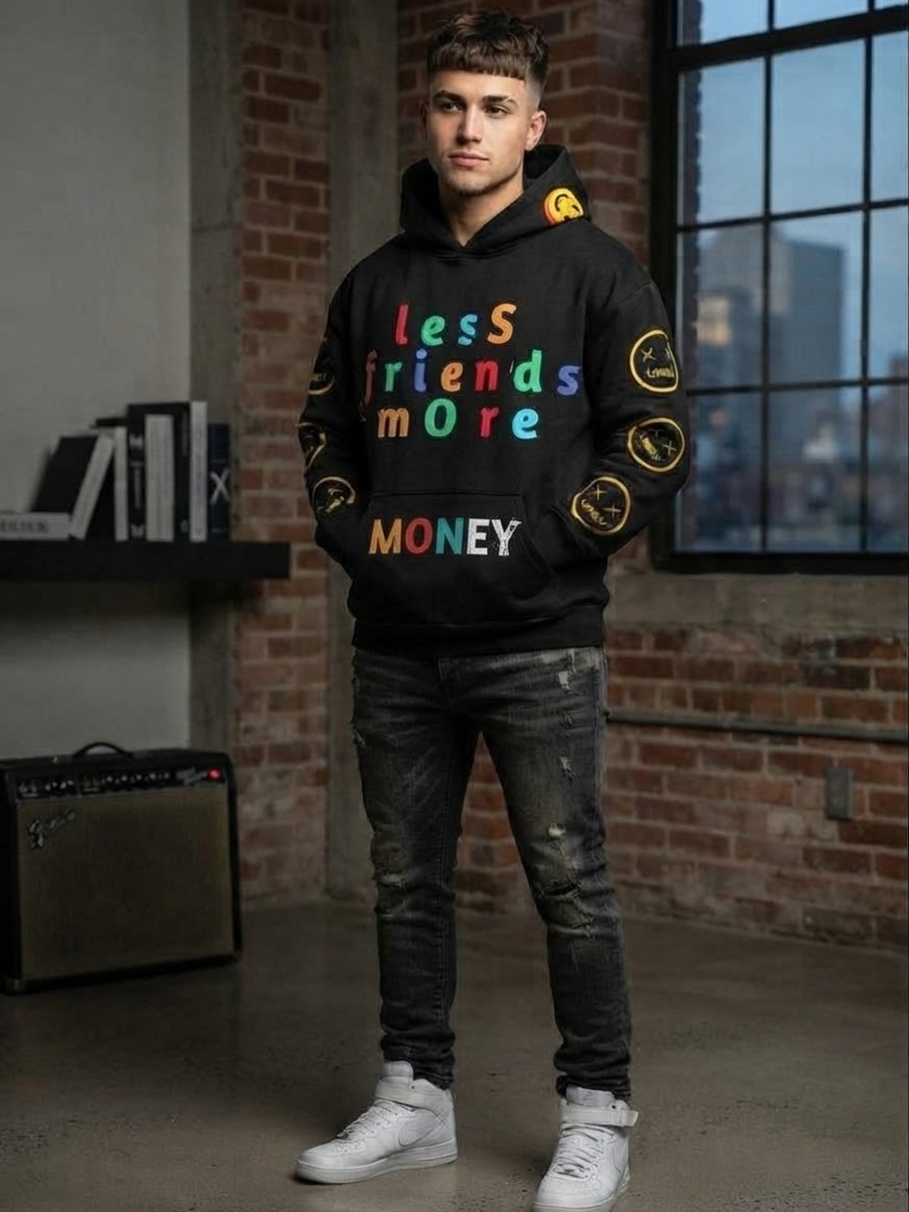 Black Graphic Hoodie Sweatshirt - Multicolor 'Less Friends More Money'